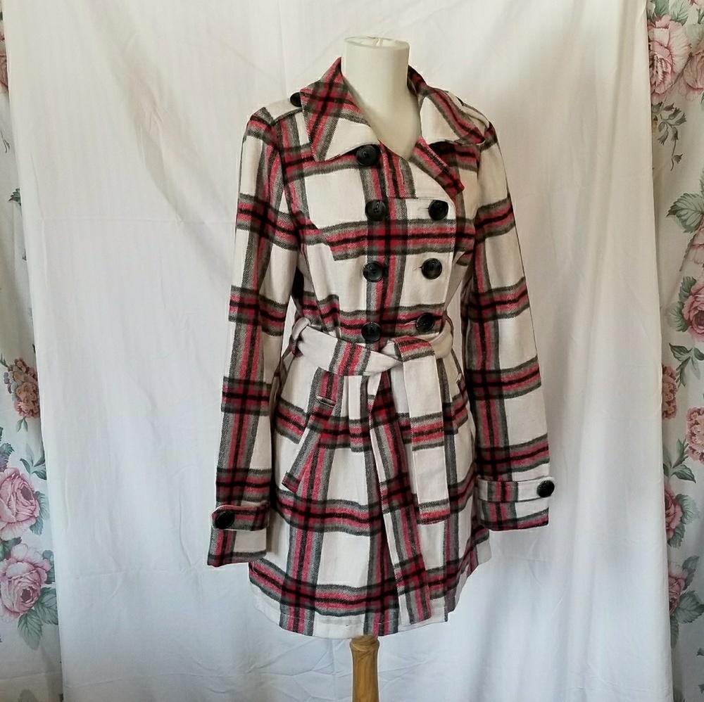 Red, Black, White, & Grey Plaid Pea Trench Coat